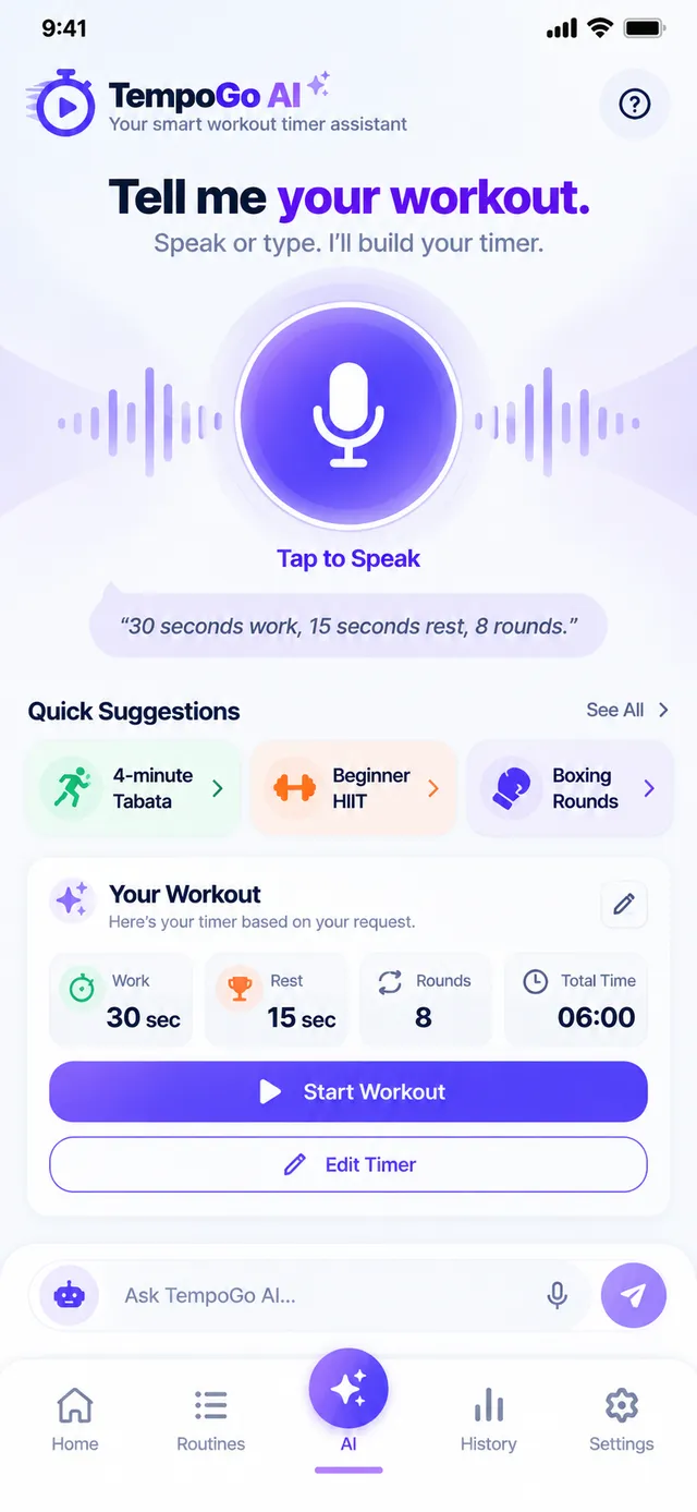 TempoGo AI assistant turning a typed request into a timer
