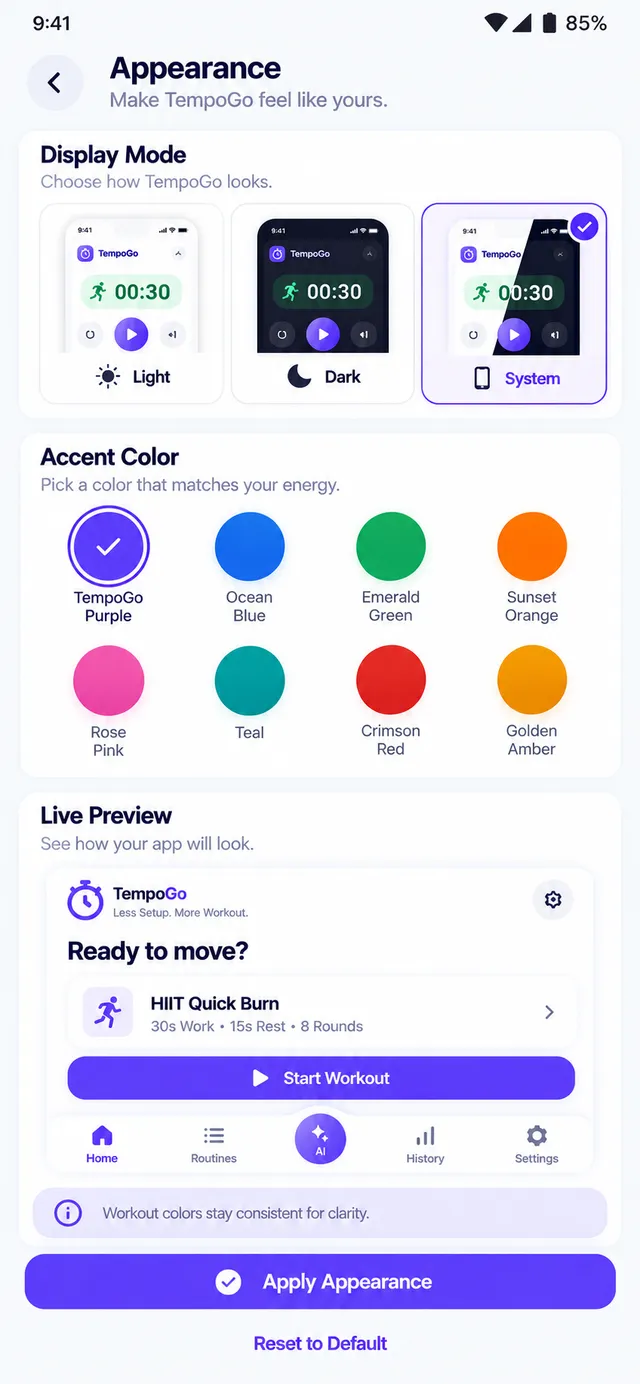 Appearance settings with accent colors