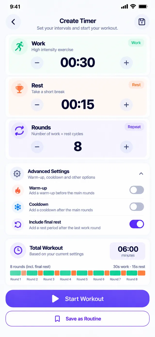 Custom interval timer editor with work, rest and rounds