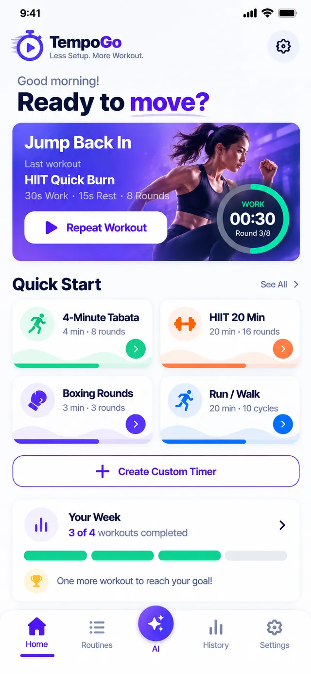 TempoGo home screen with quick start routines