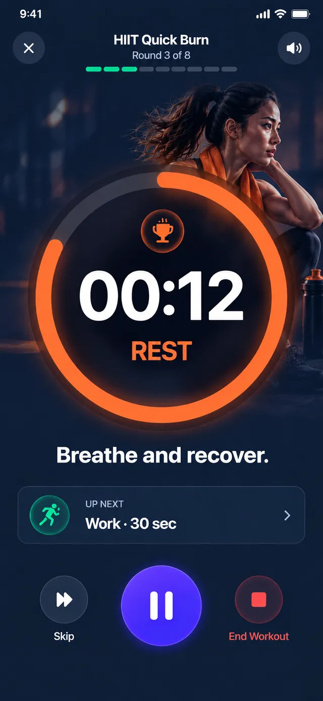 Rest interval with a large countdown and the next exercise