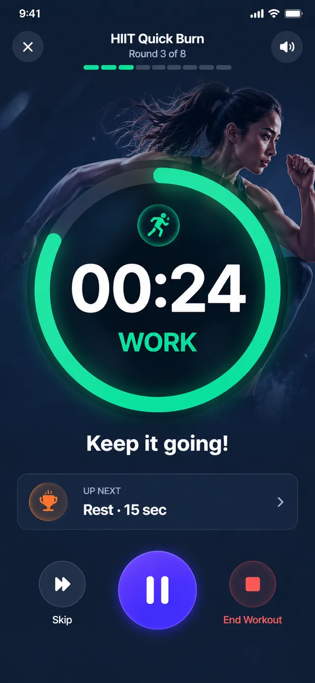 TempoGo active timer showing 00:24 in the work interval, round 3 of 8